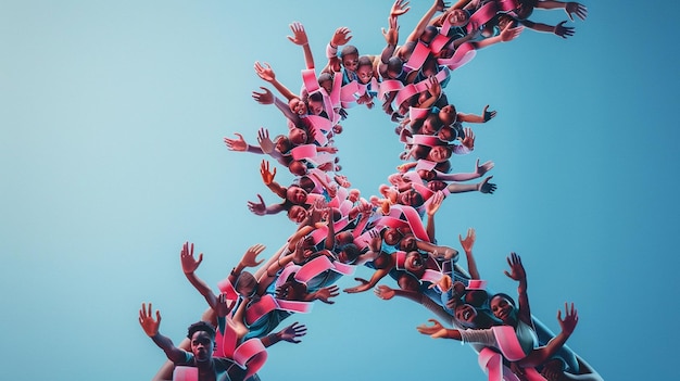 Photo a group of people are in the air with the letter r on their shirt