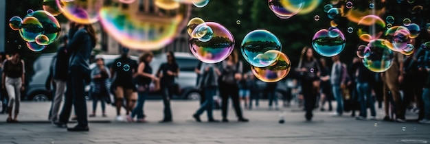 A group of people are blowing bubbles in the air.