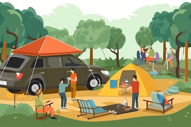 A group of people are camping in a park and one is sitting in front of a tent and a tent with a man and woman in the background.