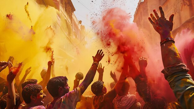 A group of people are celebrating the Hindu holiday Holi They are throwing colorful powder at each other and dancing in the streets