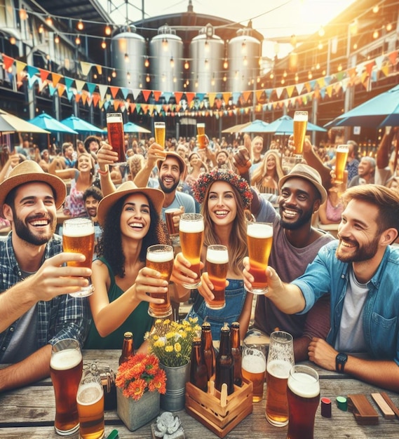 a group of people are celebrating with beer glasses in front of a bar