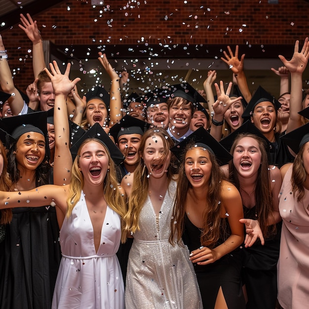 a group of people are celebrating with confetti in the background