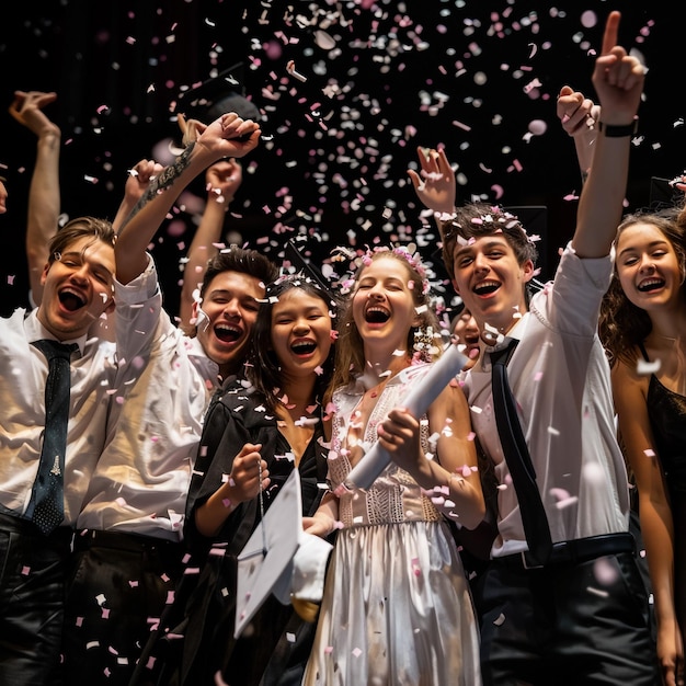 Photo a group of people are celebrating with confetti in the background