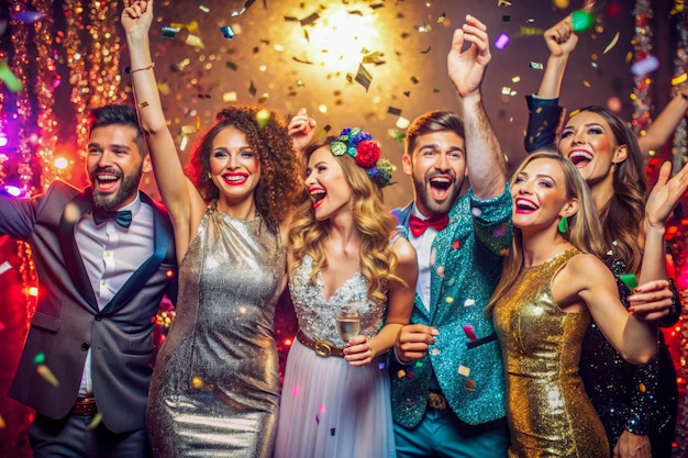 a group of people are celebrating with confetti in the background