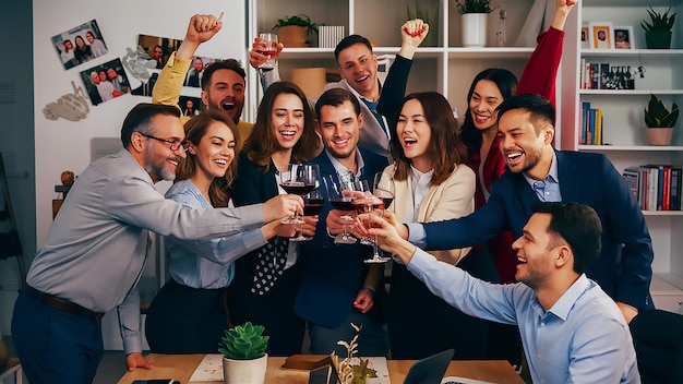 a group of people are celebrating with a glass of wine