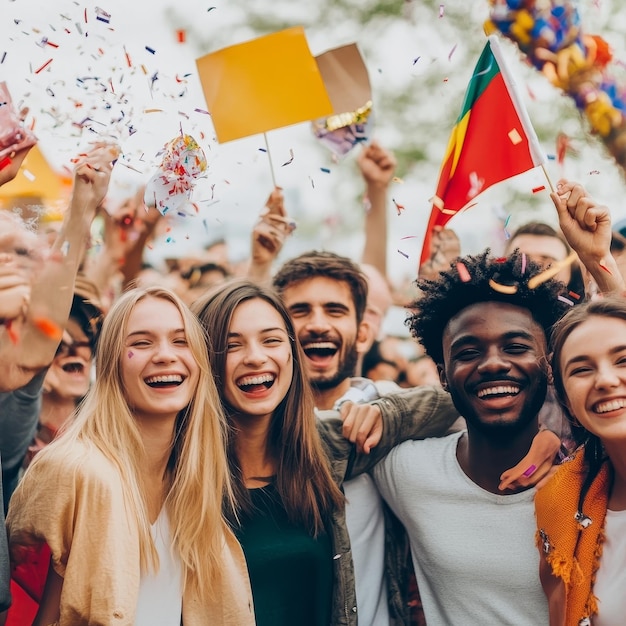 a group of people are celebrating with one holding a flag and the other has a flag in the background