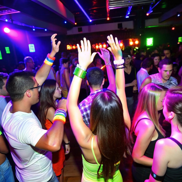 a group of people are cheering in a club with one wearing a green shirt that saysthe word  on it