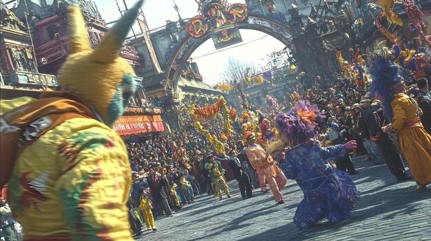 a group of people are dancing in a carnival parade