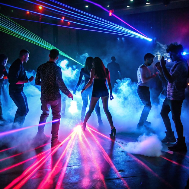 a group of people are dancing in a club with lights in the background