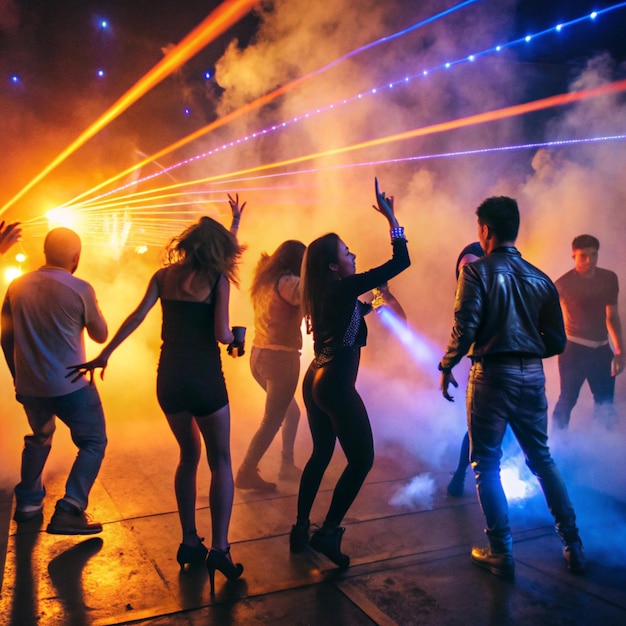 a group of people are dancing in a club with lights behind them