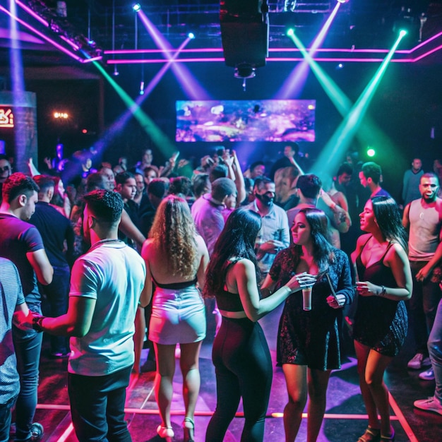 Photo a group of people are dancing in a club with a sign that saystime