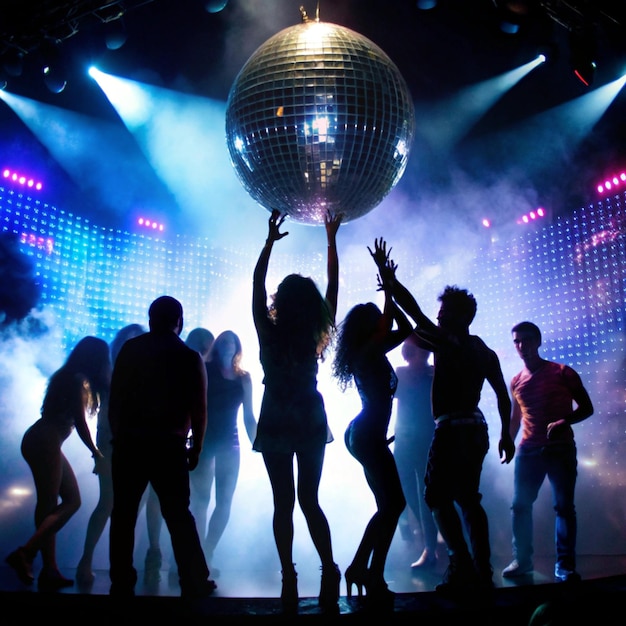 a group of people are dancing in a disco ball