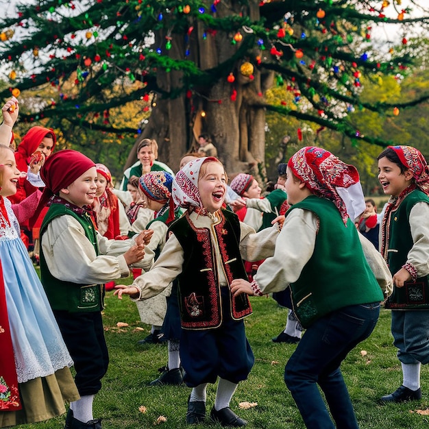 Photo a group of people are dancing in a field with a tree in the background