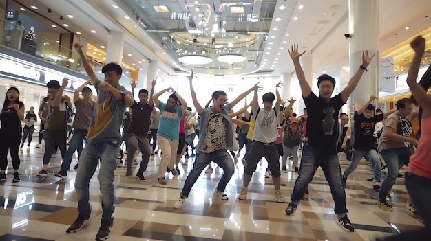 A group of people are dancing in a shopping mall