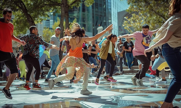 Photo a group of people are dancing in the street with one wearing a shirt that saysthe word  on it