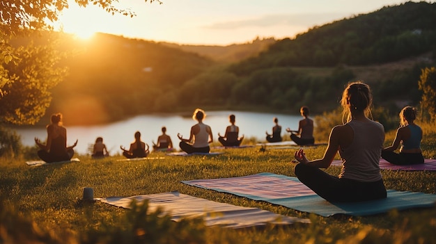 Photo a group of people are doing yoga in the park at sunset