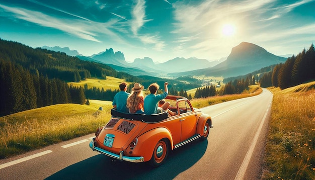 Photo a group of people are driving a vintage car on a country road