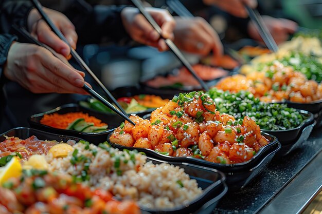 Photo a group of people are eating food from a buffet