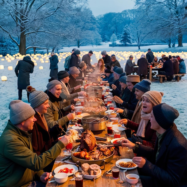 Photo a group of people are eating food in the snow