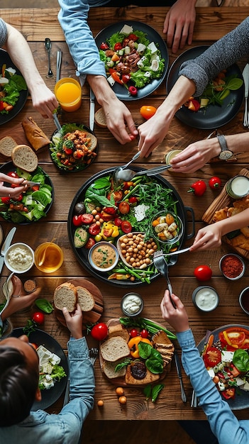 a group of people are eating a meal with a plate of food