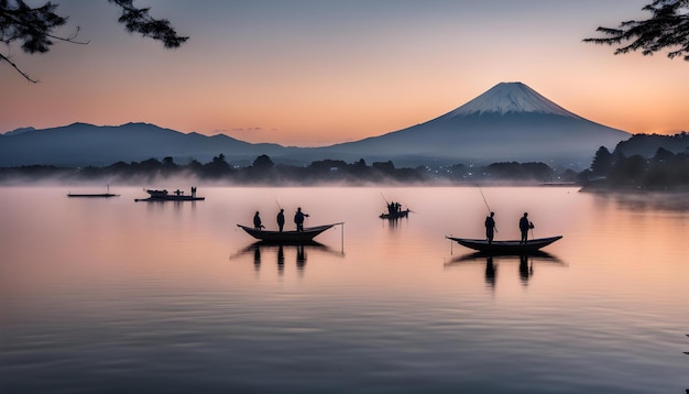 a group of people are fishing in a lake with a mountain in the background