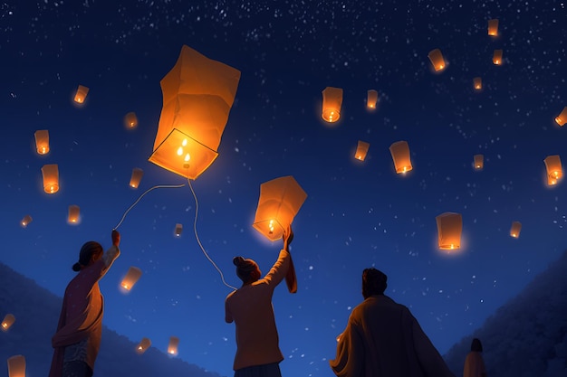 A group of people are flying lanterns into the night sky.