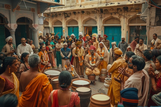 a group of people are gathered around a drum and one of them has a gold ring on it