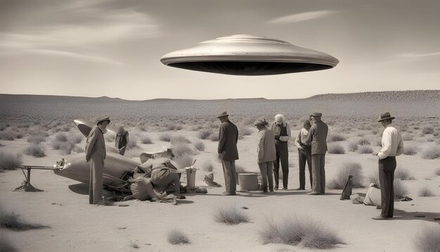 a group of people are gathered around a flying object