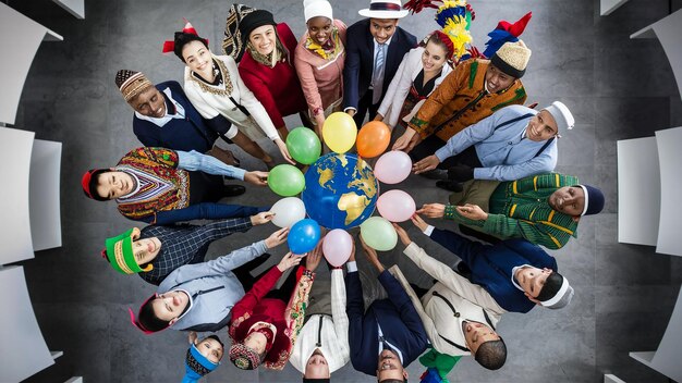 Photo a group of people are gathered around a globe with the word world on it