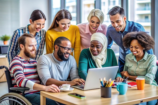 Photo a group of people are gathered around a laptop and one of them is on a computer