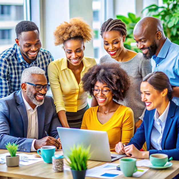 a group of people are gathered around a laptop