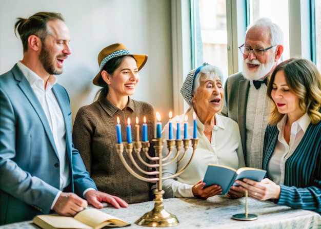 Photo a group of people are gathered around a menorah with the menorah on the table