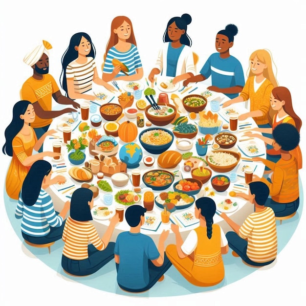 Photo a group of people are gathered around a round table with food