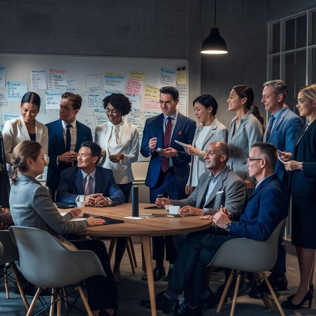 a group of people are gathered around a table with a board behind them that says quot business quot