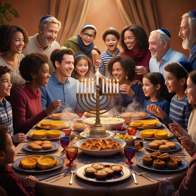 Photo a group of people are gathered around a table with a candle that says  jewish  on it