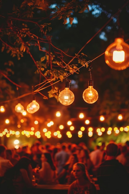 A group of people are gathered around a table with lights hanging above them