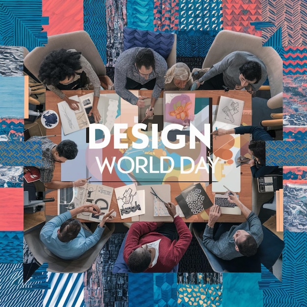 Photo a group of people are gathered around a table with a poster of a world day