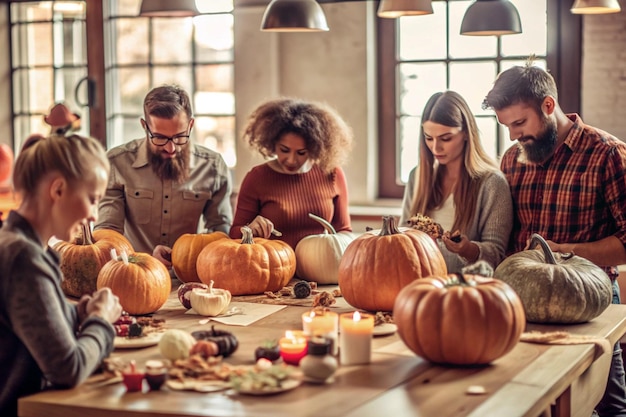 a group of people are gathered around a table with pumpkins and candles