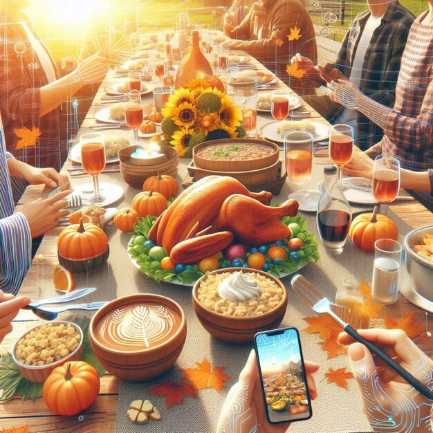 a group of people are gathered around a table with pumpkins and pumpkins