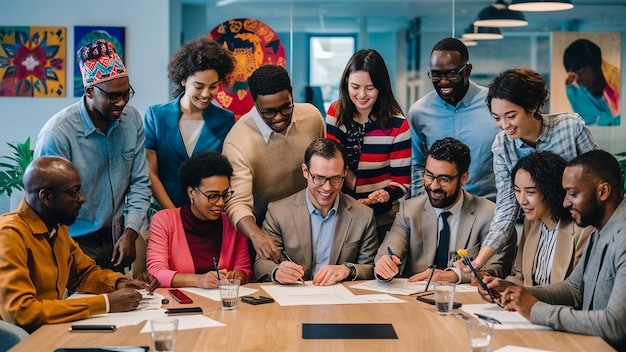 a group of people are gathered around a table with a sign that says  we are looking at