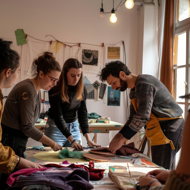 A group of people are gathered around a table working on a project