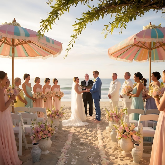 a group of people are gathered on a beach under umbrellas