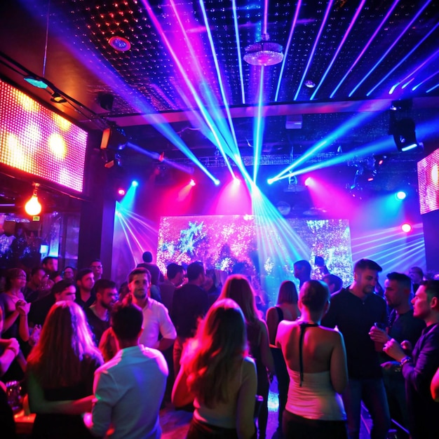 a group of people are gathered in a club with the word  tapas  on the wall