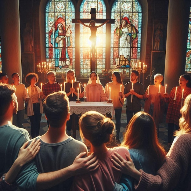 a group of people are gathered in front of a stained glass window