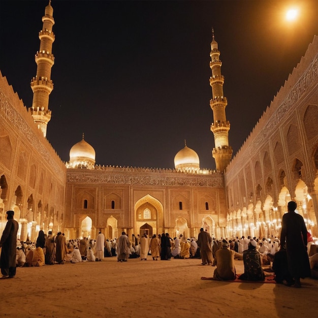 Photo group of people are gathered in a mosque at night