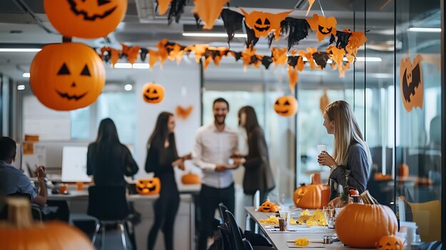 Photo a group of people are gathered in an office for a halloween party decorated with pumpkins and bats the people are talking and laughing and there is a festive atmosphere