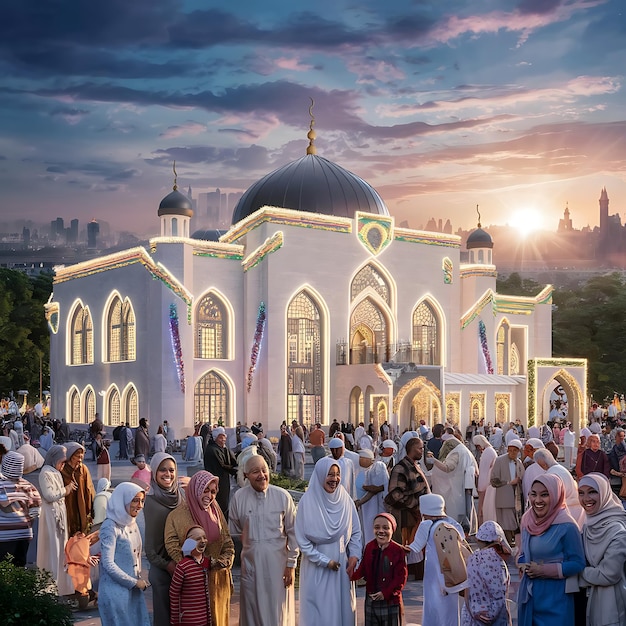 a group of people are gathered outside of a mosque