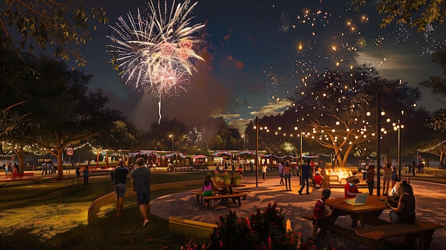 A group of people are gathered in a park enjoying a fireworks display