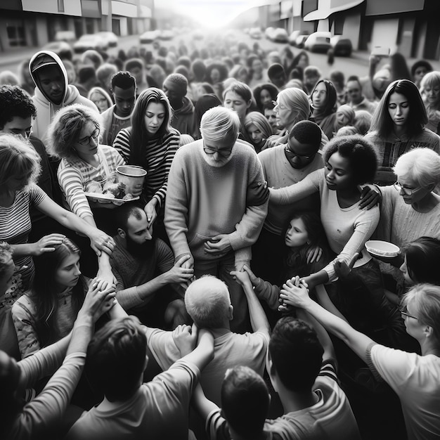 a group of people are gathered together with one holding a cup of coffee