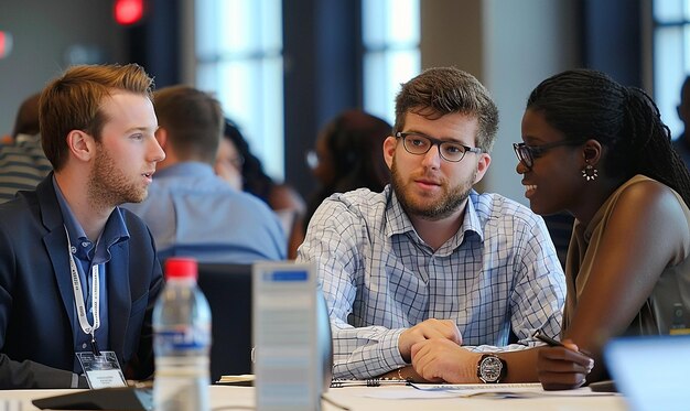 a group of people are having a conversation in a conference room